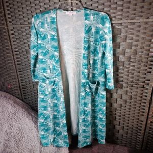 Teal Blue and White Graphic Full Length LS Cardigan Duster NWT
